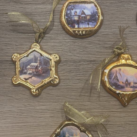 Vintage Christmas Ornament Thomas Kinkade Porcelain Gold Trim Lot Winter Scenes - Picture 4 of 10